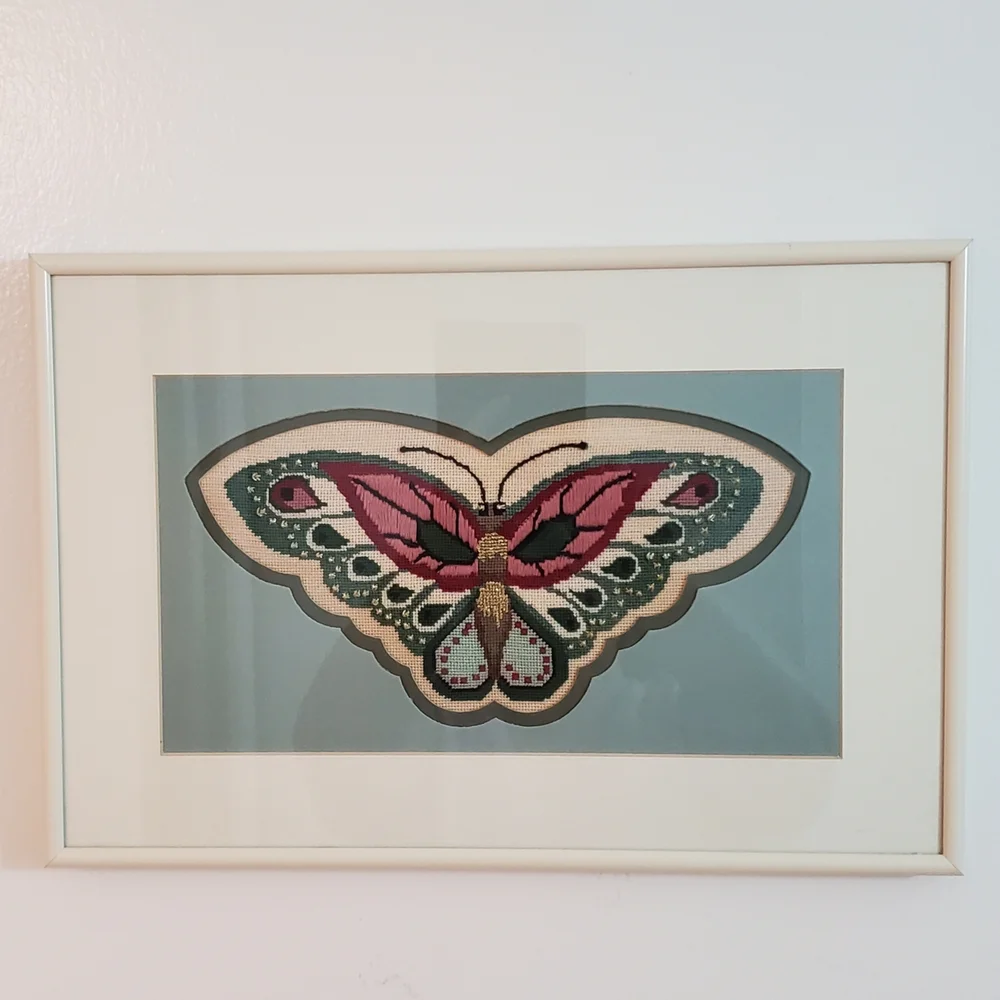 Butterfly Picture Handmade Vintage Embroidery Tapestry with Gold detail Framed
